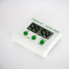 Compact white digital kitchen timer with a clear display and three green buttons for minutes, seconds, and start/stop functions, suitable for precise cooking and food preparation.