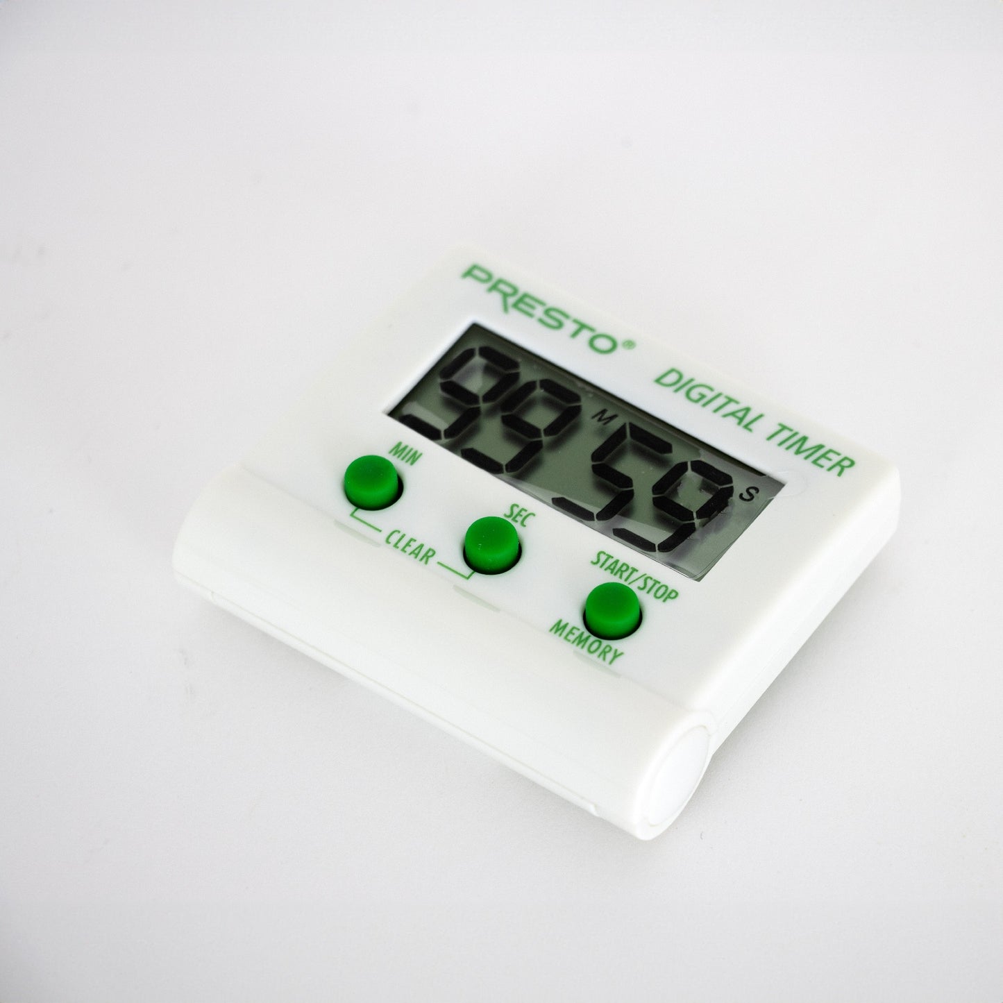 Compact white digital kitchen timer with a clear display and three green buttons for minutes, seconds, and start/stop functions, suitable for precise cooking and food preparation.