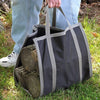 Handcrafted nylon canvas firewood carrier with heavy-duty gray straps, made in USA, designed for easy hauling of logs, ideal for Farm, Garden & Tool, Stoves, and Hearth Accessories collections.