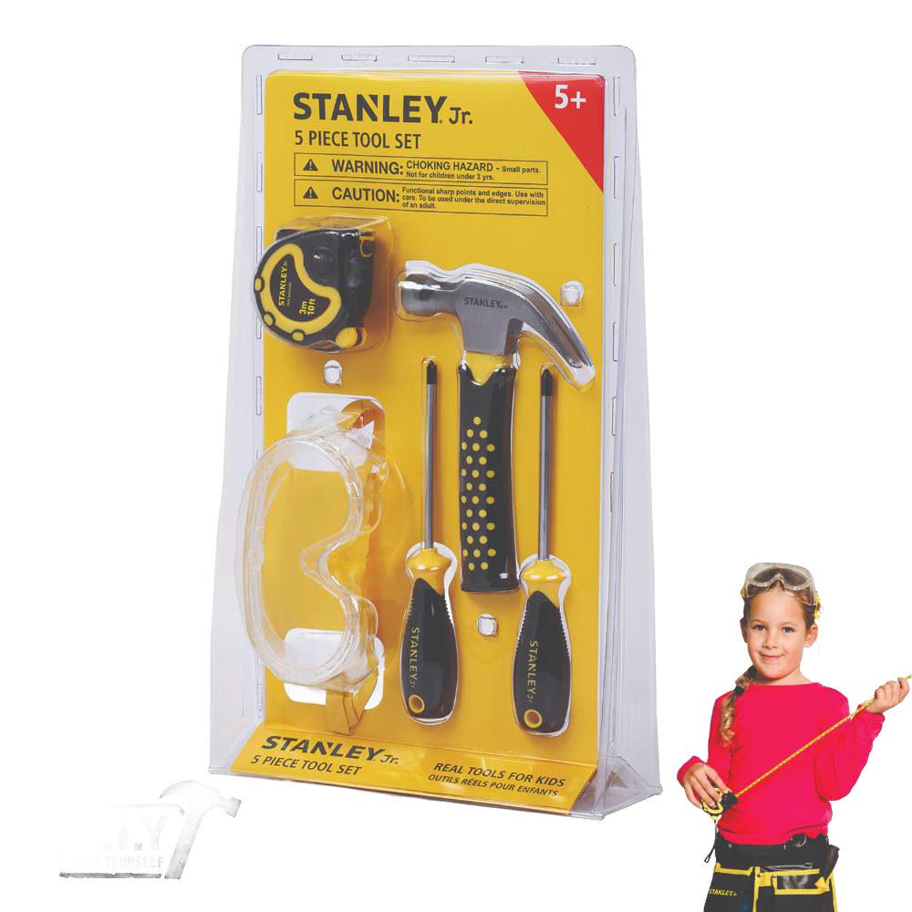 Children’s 5-piece toolset with a hammer, two screwdrivers, safety goggles, and tape measure, made from durable steel and rubber, ideal for indoor play and learning.