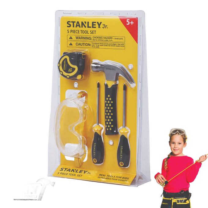 Children’s 5-piece toolset with a hammer, two screwdrivers, safety goggles, and tape measure, made from durable steel and rubber, ideal for indoor play and learning.