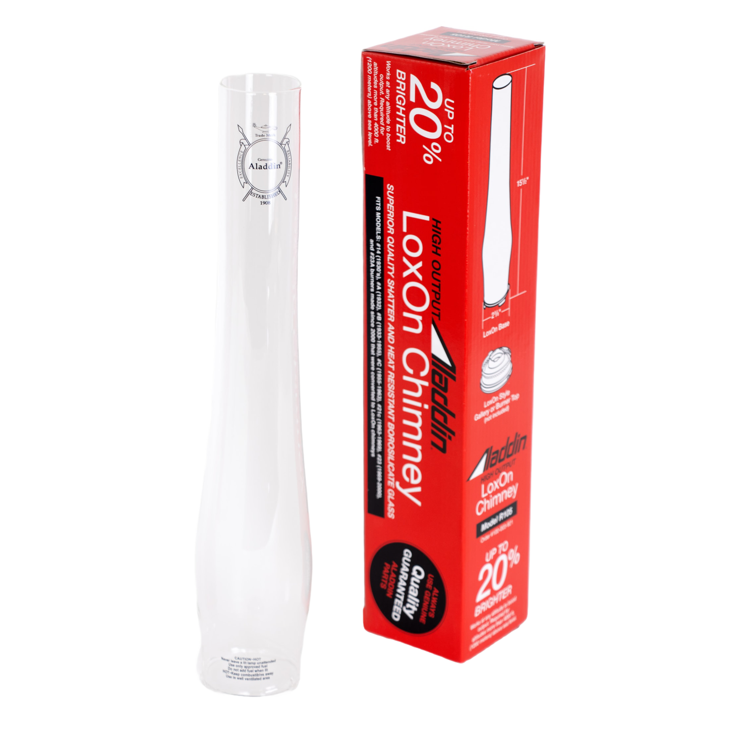 Tall clear borosilicate glass chimney with exclusive logo, designed to enhance light output by up to 20%, shown with vibrant red packaging, featured in Lamps & Lighting, Parts and Accessories, Chimneys and Globes, Best Sellers, and Promo Eligible collections.
