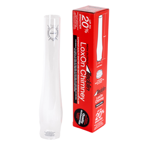 Tall clear borosilicate glass chimney with exclusive logo, designed to enhance light output by up to 20%, shown with vibrant red packaging, featured in Lamps & Lighting, Parts and Accessories, Chimneys and Globes, Best Sellers, and Promo Eligible collections.