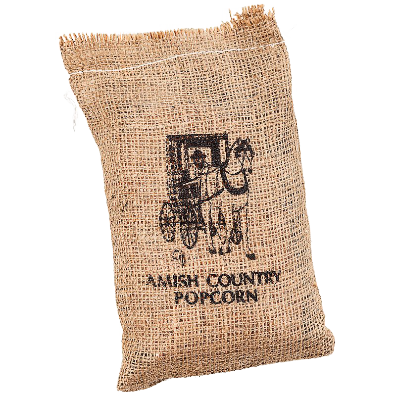 Handcrafted burlap bag featuring a silkscreened Amish Country horse and buggy design, filled with popcorn, ideal for Kitchen & Food, Snacks and Sweets, USA Made, and Best Sellers collections.