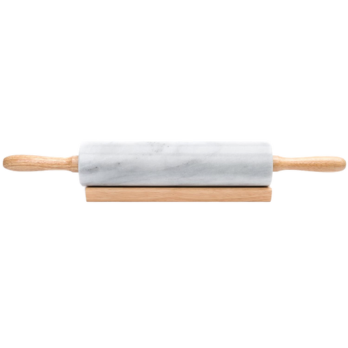 Marble rolling pin with wooden handles resting on a wooden stand, featuring nylon bearings for smooth use, part of Kitchen & Food, Cookware, Baking Supplies, Best Sellers, and Promo Eligible collections.