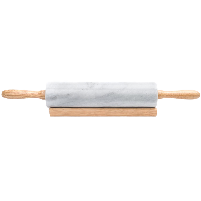 Marble rolling pin with wooden handles resting on a wooden stand, featuring nylon bearings for smooth use, part of Kitchen & Food, Cookware, Baking Supplies, Best Sellers, and Promo Eligible collections.