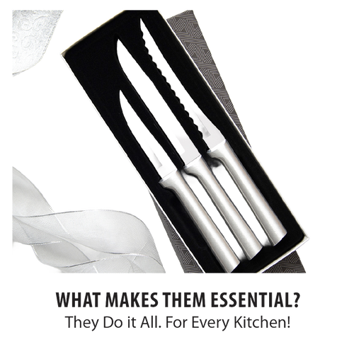 Three-piece set of handcrafted stainless steel knives with smooth silver handles, including a serrated tomato slicer, utility/steak knife, and heavy-duty paring knife in a black velvet gift box, made in USA.