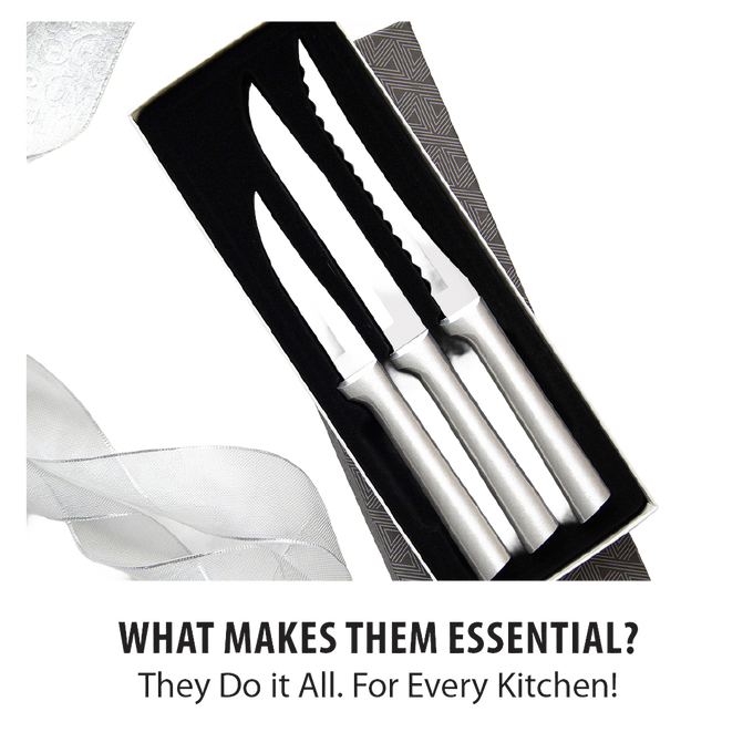 Three-piece set of handcrafted stainless steel knives with smooth silver handles, including a serrated tomato slicer, utility/steak knife, and heavy-duty paring knife in a black velvet gift box, made in USA.