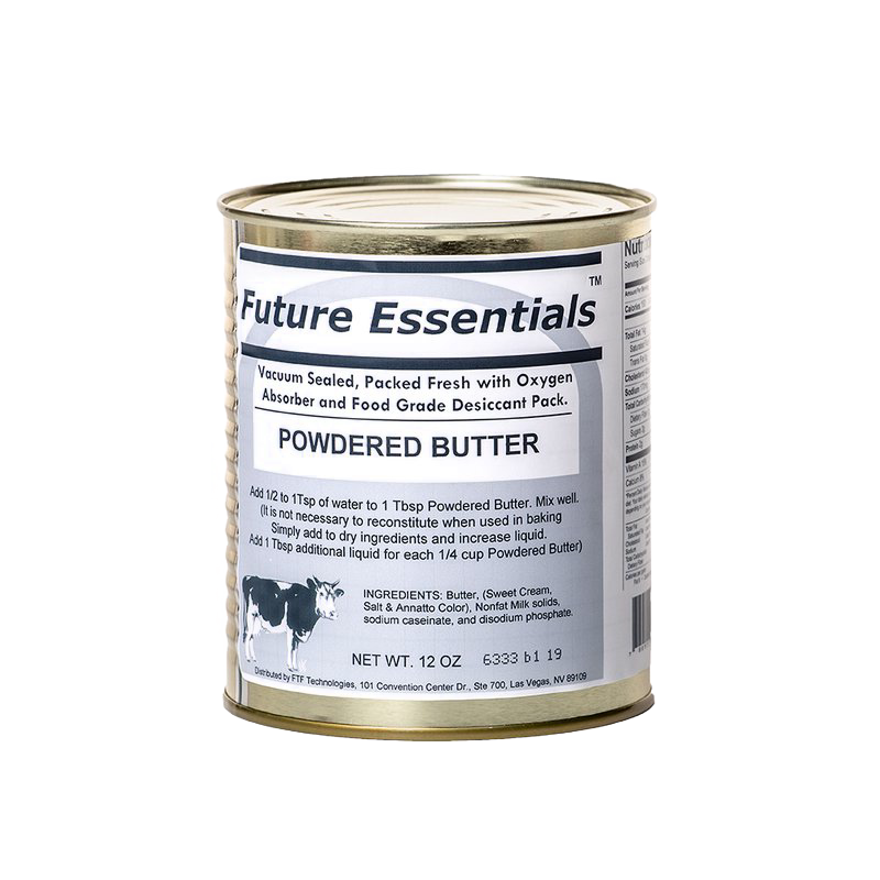 Vacuum-sealed powdered butter in a 12 oz metal can, crafted in the USA, ideal for long-term storage in Farm, Garden & Tool, Kitchen & Food, Emergency Supplies, and Pantry collections.