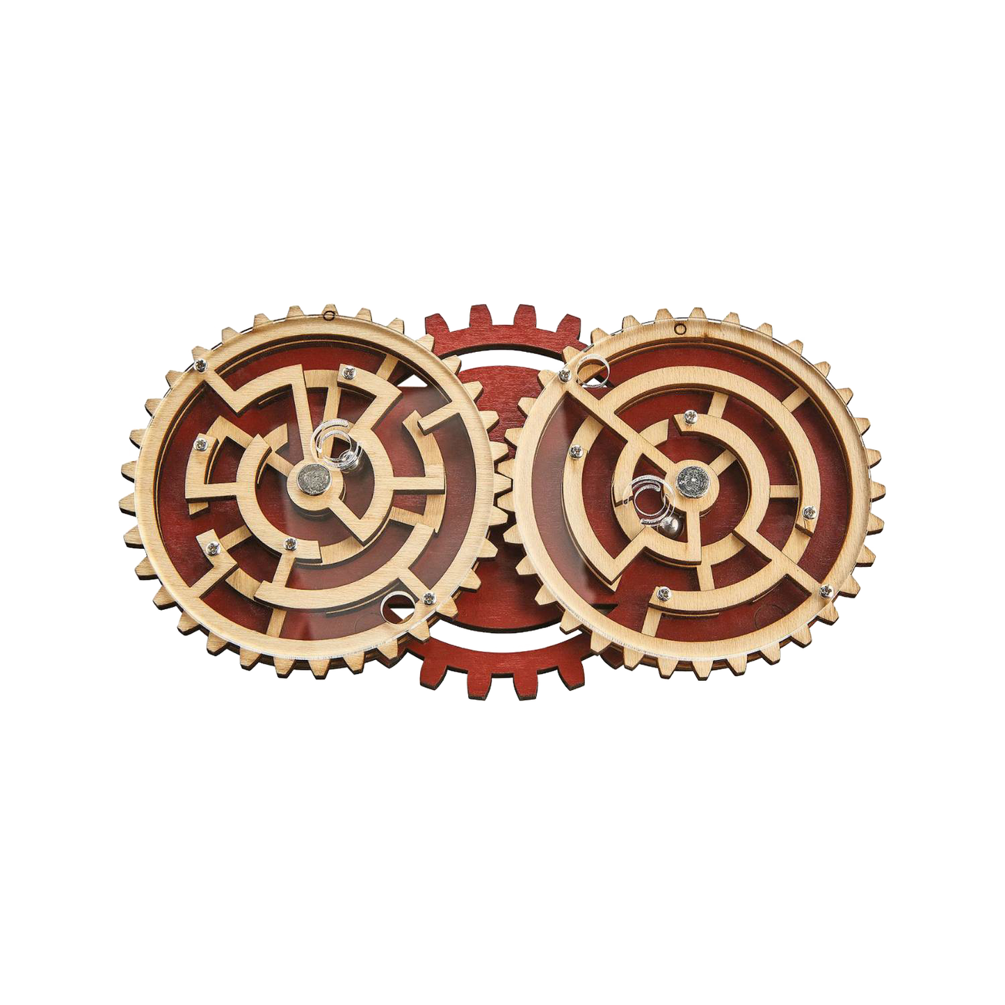 Handcrafted wooden maze puzzle featuring two interlocking gears with metal balls, designed as a challenging brainteaser in Toys, Books & Games and Puzzles collections.