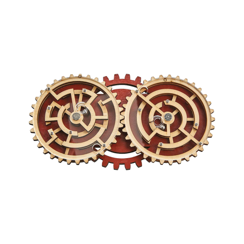 Handcrafted wooden maze puzzle featuring two interlocking gears with metal balls, designed as a challenging brainteaser in Toys, Books & Games and Puzzles collections.