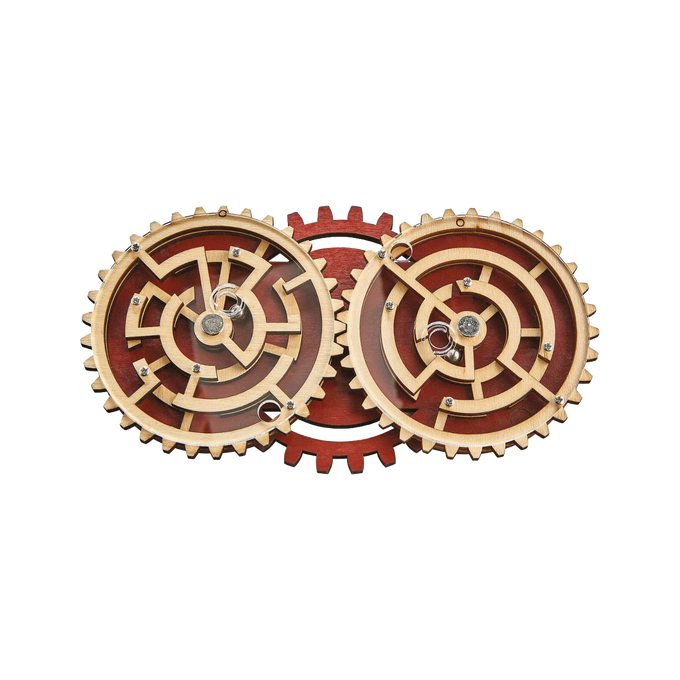 Handcrafted wooden maze puzzle featuring two interlocking gears with metal balls, designed as a challenging brainteaser in Toys, Books & Games and Puzzles collections.