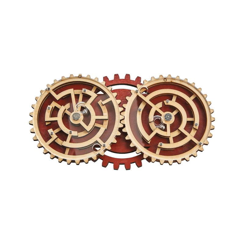 Handcrafted wooden maze puzzle featuring two interlocking gears with metal balls, designed as a challenging brainteaser in Toys, Books & Games and Puzzles collections.