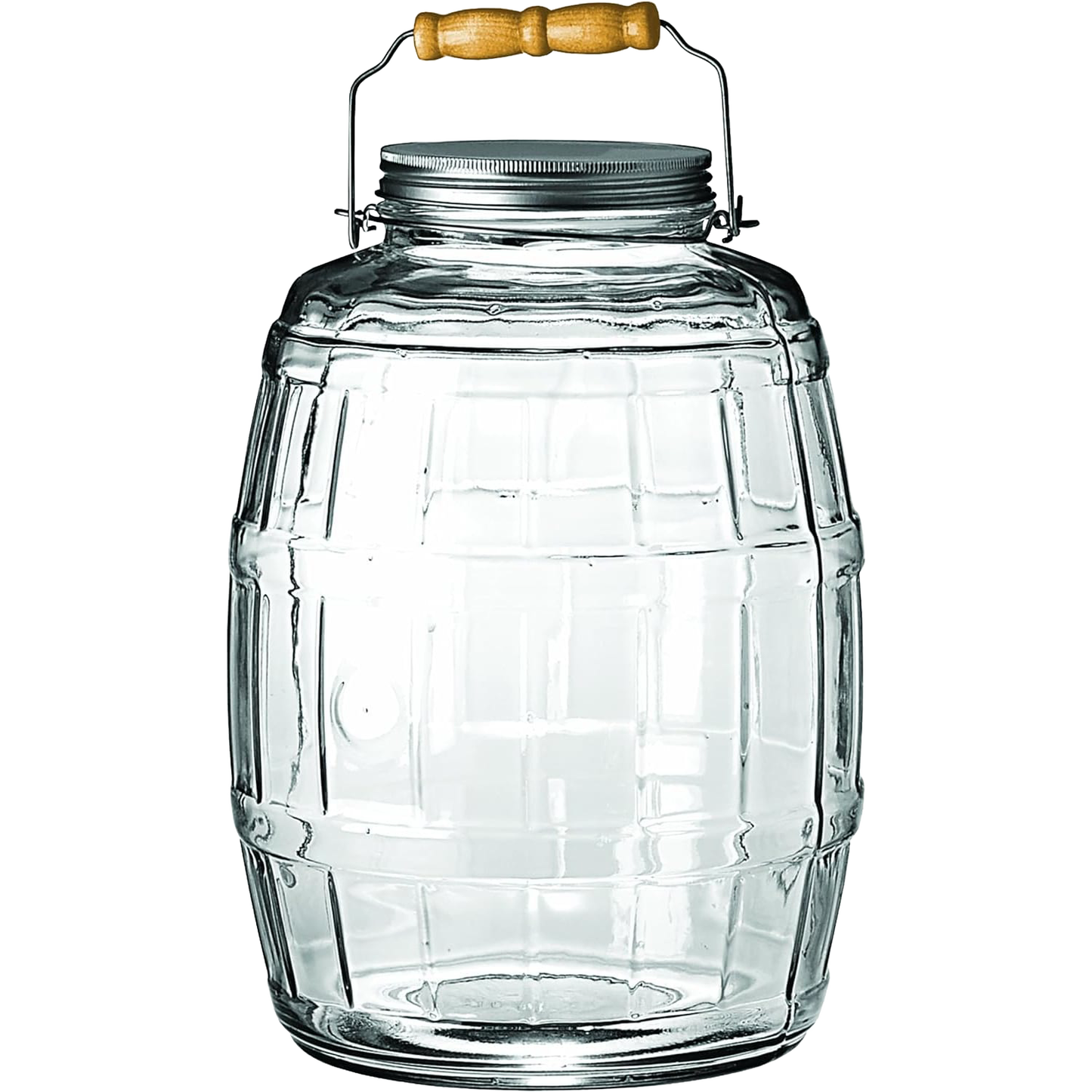 Handcrafted replacement jar made in USA for butter churn, featuring clear glass with a removable metal lid and wooden handle, ideal for kitchen, specialty equipment, and making butter collections.