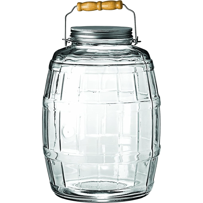 Handcrafted replacement jar made in USA for butter churn, featuring clear glass with a removable metal lid and wooden handle, ideal for kitchen, specialty equipment, and making butter collections.