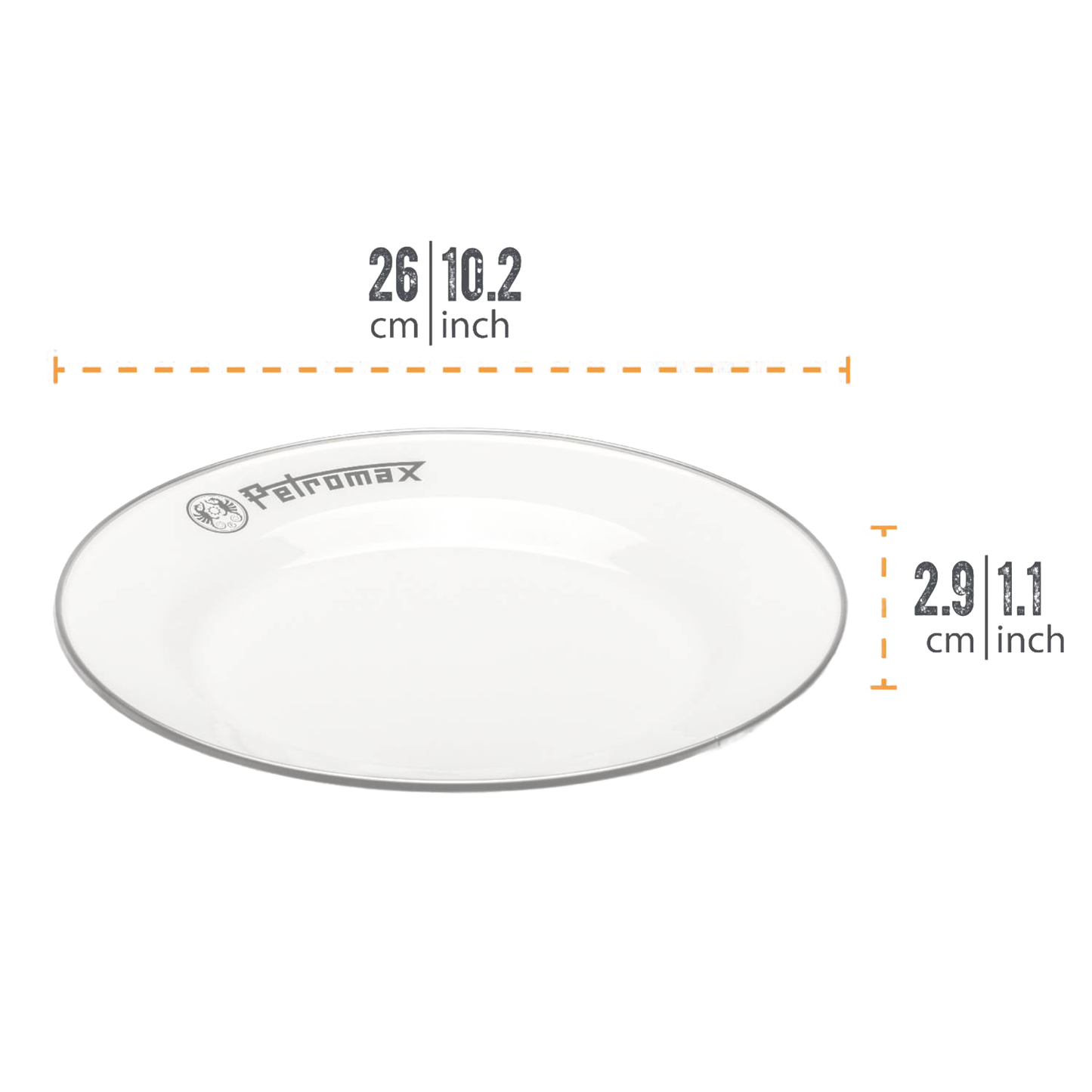 White enamel plate with silver rim and Petromax logo, lightweight and heat-resistant, suitable for Farm, Garden & Tool, Kitchen & Food, Camping, Dinnerware, Best Sellers, and Promo Eligible collections.
