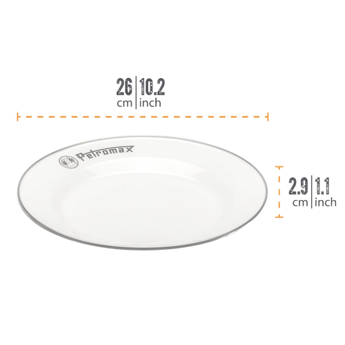 White enamel plate with silver rim and Petromax logo, lightweight and heat-resistant, suitable for Farm, Garden & Tool, Kitchen & Food, Camping, Dinnerware, Best Sellers, and Promo Eligible collections.