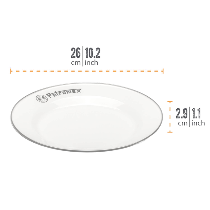 White enamel plate with silver rim and Petromax logo, lightweight and heat-resistant, suitable for Farm, Garden & Tool, Kitchen & Food, Camping, Dinnerware, Best Sellers, and Promo Eligible collections.