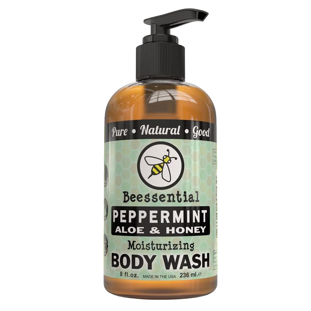 Amber pump bottle of peppermint, aloe, and honey moisturizing body wash with bee logo, handcrafted and made in the USA, featured in Health & Wellness, Soaps, USA Made, and Best Sellers collections.