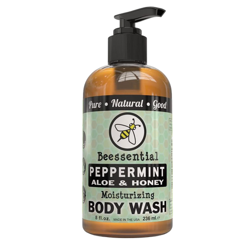 Amber pump bottle of peppermint, aloe, and honey moisturizing body wash with bee logo, handcrafted and made in the USA, featured in Health & Wellness, Soaps, USA Made, and Best Sellers collections.