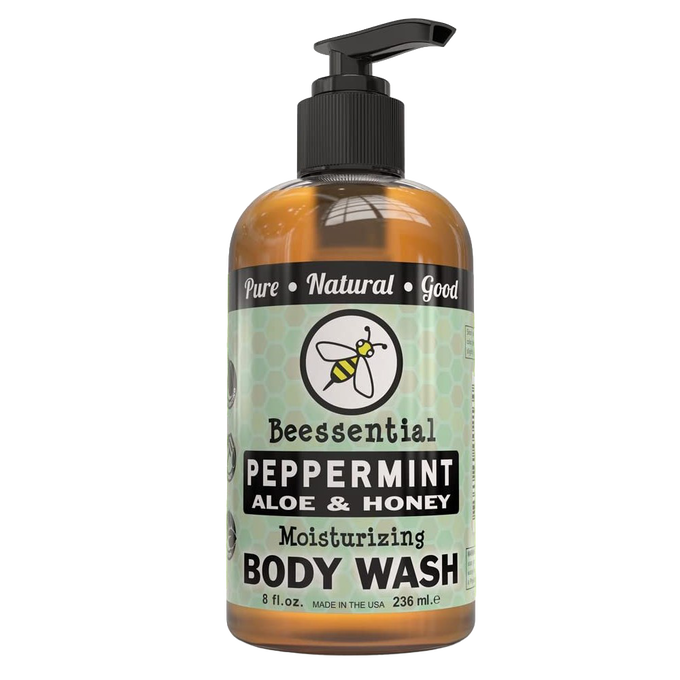 Amber pump bottle of peppermint, aloe, and honey moisturizing body wash with bee logo, handcrafted and made in the USA, featured in Health & Wellness, Soaps, USA Made, and Best Sellers collections.
