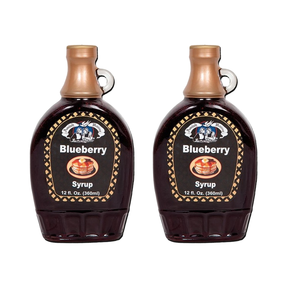 Two-pack of handcrafted blueberry syrup in 12 fl. oz. glass bottles, made in USA, ideal for enhancing breakfast dishes in Kitchen & Food, Pantry, USA Made, and Best Sellers collections.