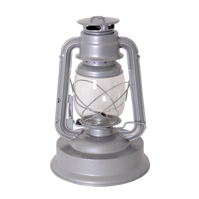 Handcrafted silver metal lantern with clear glass globe and protective wire frame, designed for bright, weather-resistant lighting in farm, garden, camping, and emergency supplies collections.