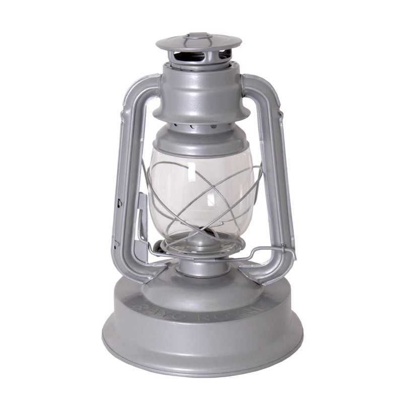 Handcrafted silver metal lantern with clear glass globe and protective wire frame, designed for bright, weather-resistant lighting in farm, garden, camping, and emergency supplies collections.