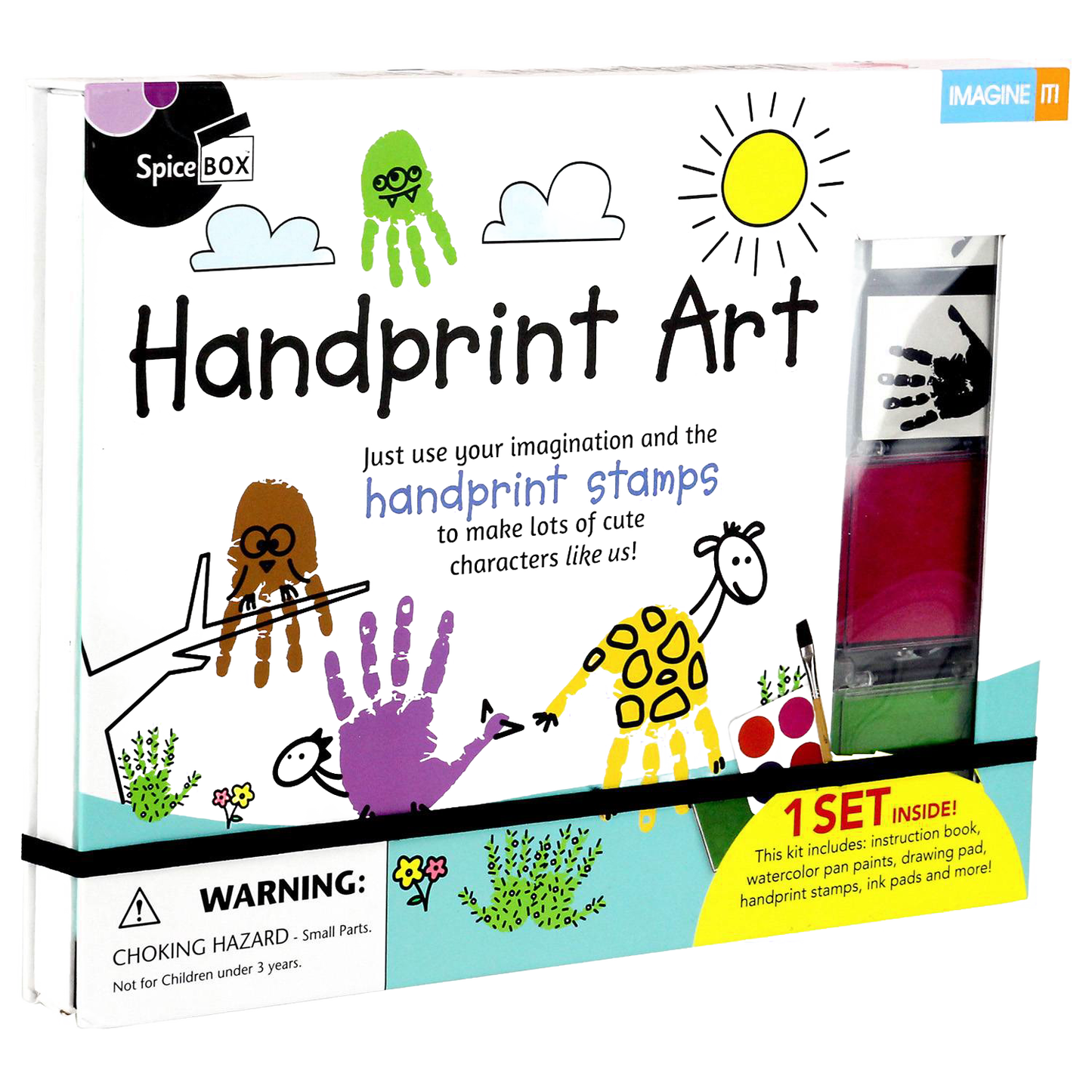 Creative kids’ art kit featuring colorful handprint stamps, watercolor paints, ink pads, and drawing materials to inspire imaginative play and crafting in arts and crafts collections.
