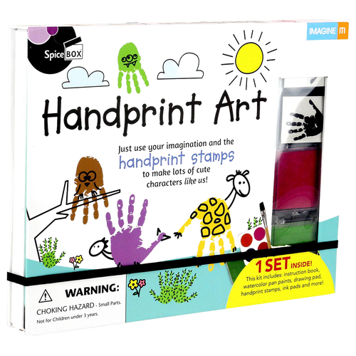 Creative kids’ art kit featuring colorful handprint stamps, watercolor paints, ink pads, and drawing materials to inspire imaginative play and crafting in arts and crafts collections.
