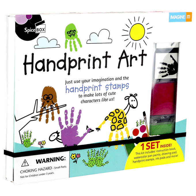 Creative kids’ art kit featuring colorful handprint stamps, watercolor paints, ink pads, and drawing materials to inspire imaginative play and crafting in arts and crafts collections.