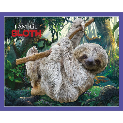 Illustration of a smiling sloth hanging from a tree branch in a lush forest, featured on a uniquely shaped 100-piece puzzle designed for children's hands, part of Toys, Books & Games and Games and Puzzles collections.