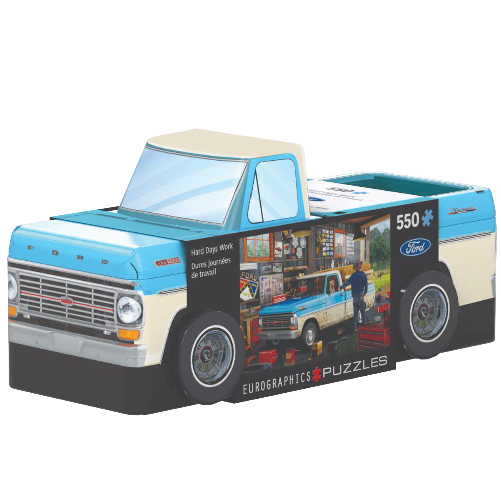 Metal tin shaped like a classic light blue and cream pickup truck, containing a 550-piece jigsaw puzzle, part of Toys, Children's Toys, Games and Puzzles collections.