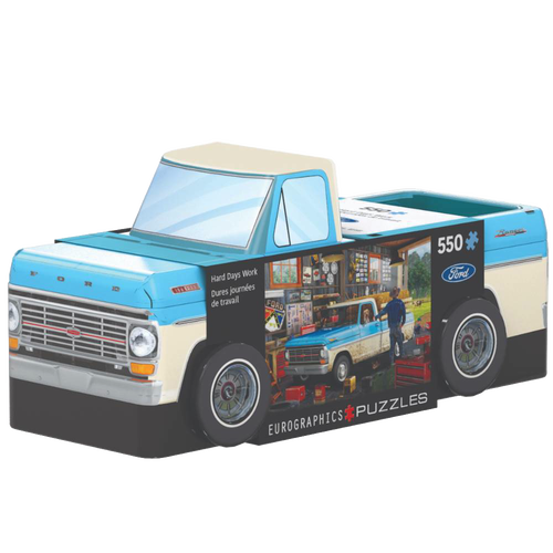 Metal tin shaped like a classic light blue and cream pickup truck, containing a 550-piece jigsaw puzzle, part of Toys, Children's Toys, Games and Puzzles collections.
