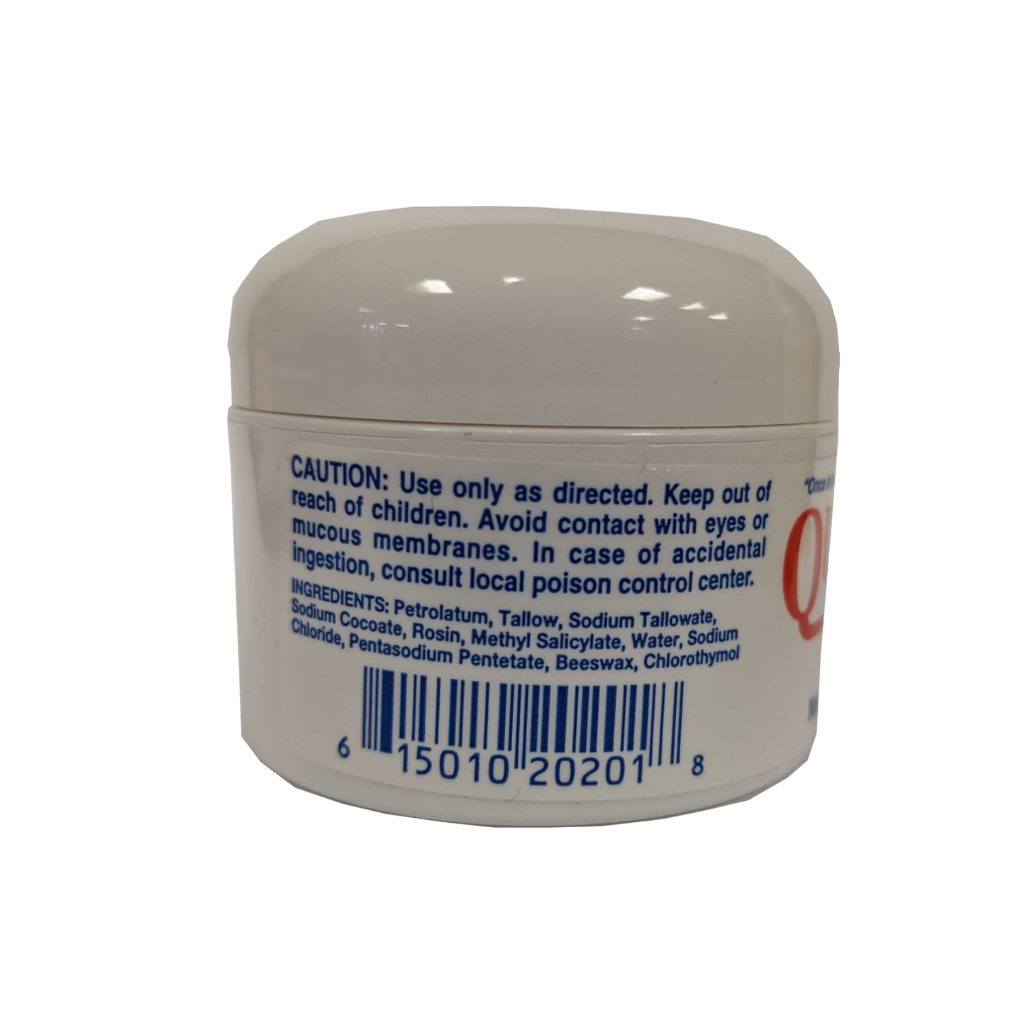 Small white jar of healing cream showing caution instructions and detailed ingredient list, handcrafted and made in USA, featured in Health & Wellness, Health Remedies, and Best Sellers collections.