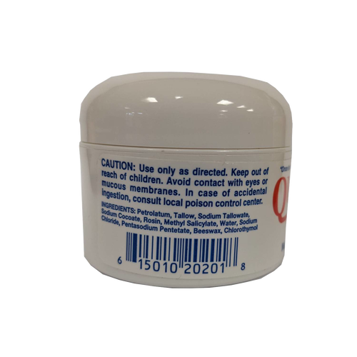 Small white jar of healing cream showing caution instructions and detailed ingredient list, handcrafted and made in USA, featured in Health & Wellness, Health Remedies, and Best Sellers collections.