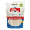 Stand-up pouch of natural, unrefined fine sea salt with clear window, highlighting its American origin and mineral-rich qualities for Kitchen & Food, Pantry, USA Made collections.