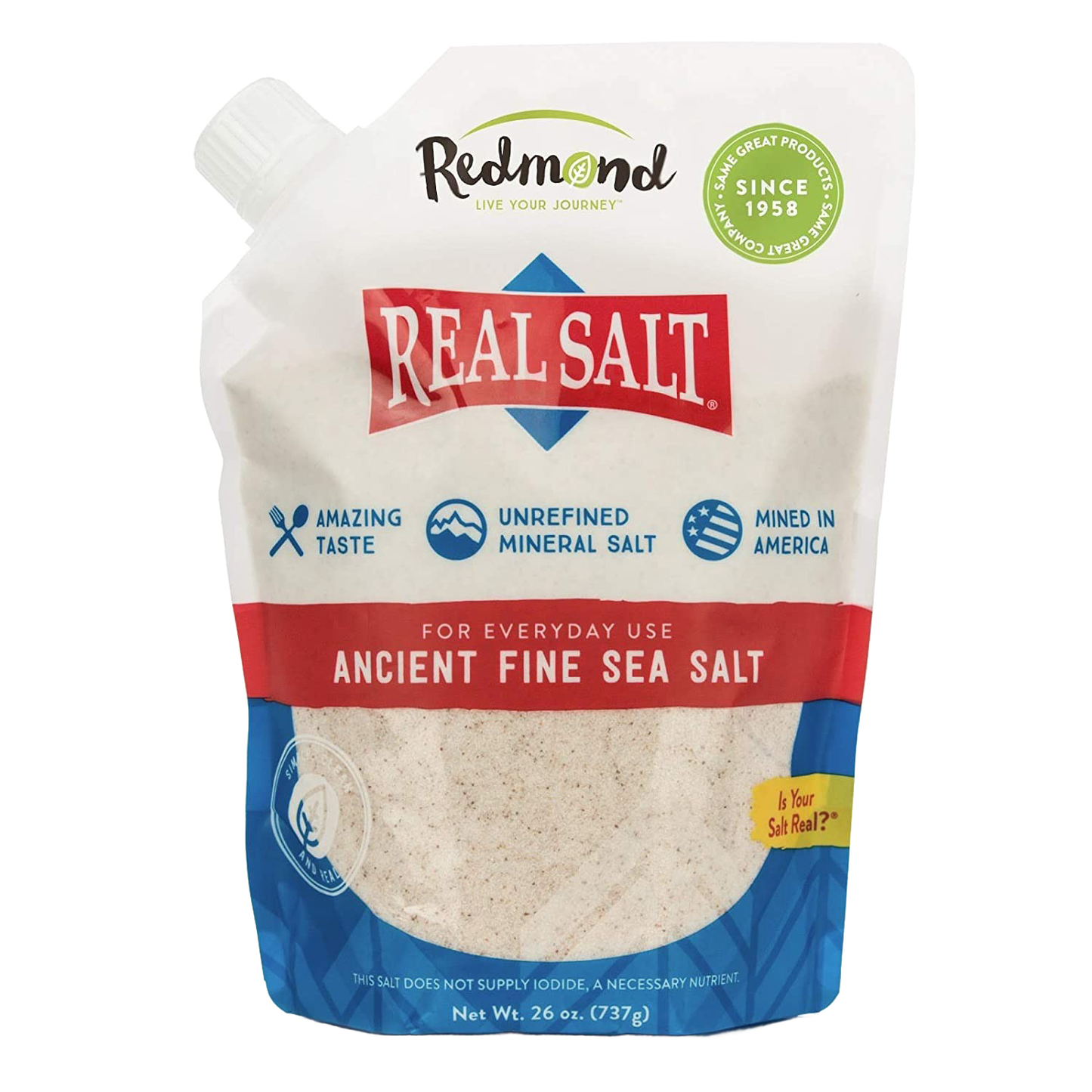 Stand-up pouch of natural, unrefined fine sea salt with clear window, highlighting its American origin and mineral-rich qualities for Kitchen & Food, Pantry, USA Made collections.