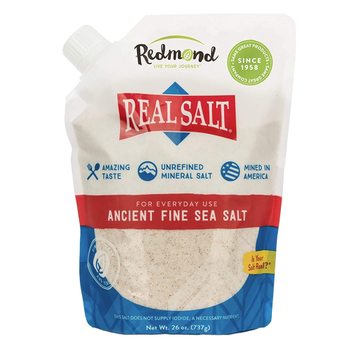 Stand-up pouch of natural, unrefined fine sea salt with clear window, highlighting its American origin and mineral-rich qualities for Kitchen & Food, Pantry, USA Made collections.