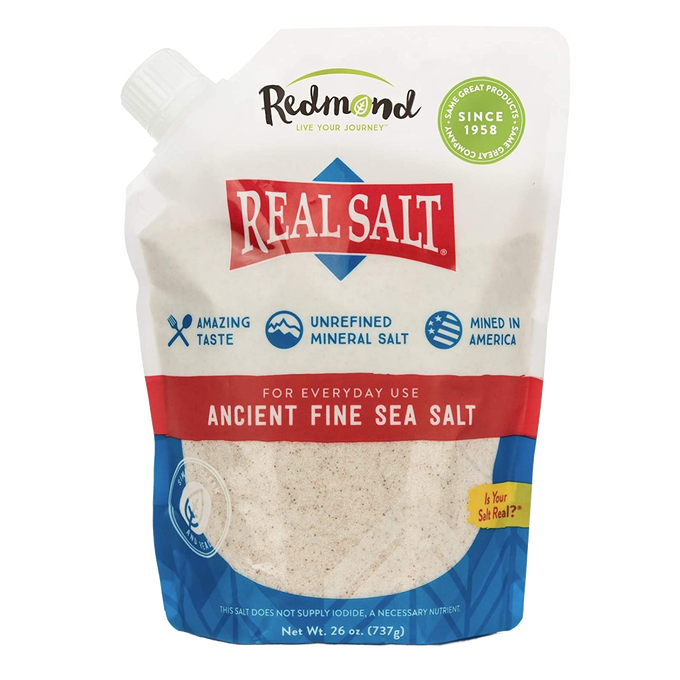 Stand-up pouch of natural, unrefined fine sea salt with clear window, highlighting its American origin and mineral-rich qualities for Kitchen & Food, Pantry, USA Made collections.