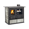 Majolica and natural stone finished wood cook stove featuring a cast iron firebox with panoramic ceramic glass door and porcelain enameled steel oven, ideal for Stoves, Cookstoves, Best Sellers, and All Stoves & Appliances collections.
