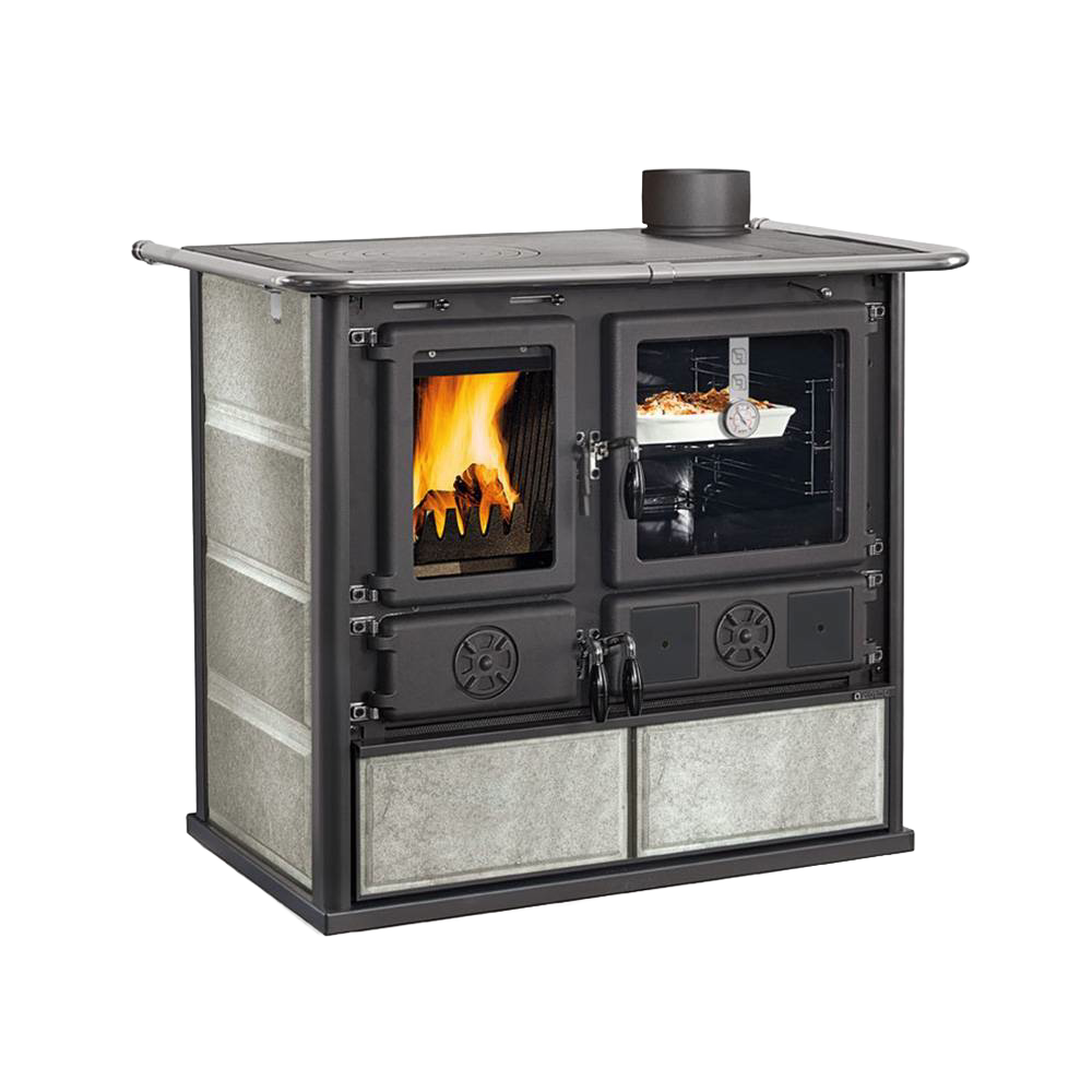 Majolica and natural stone finished wood cook stove featuring a cast iron firebox with panoramic ceramic glass door and porcelain enameled steel oven, ideal for Stoves, Cookstoves, Best Sellers, and All Stoves & Appliances collections.