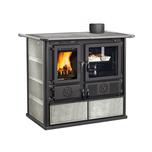 Majolica and natural stone finished wood cook stove featuring a cast iron firebox with panoramic ceramic glass door and porcelain enameled steel oven, ideal for Stoves, Cookstoves, Best Sellers, and All Stoves & Appliances collections.