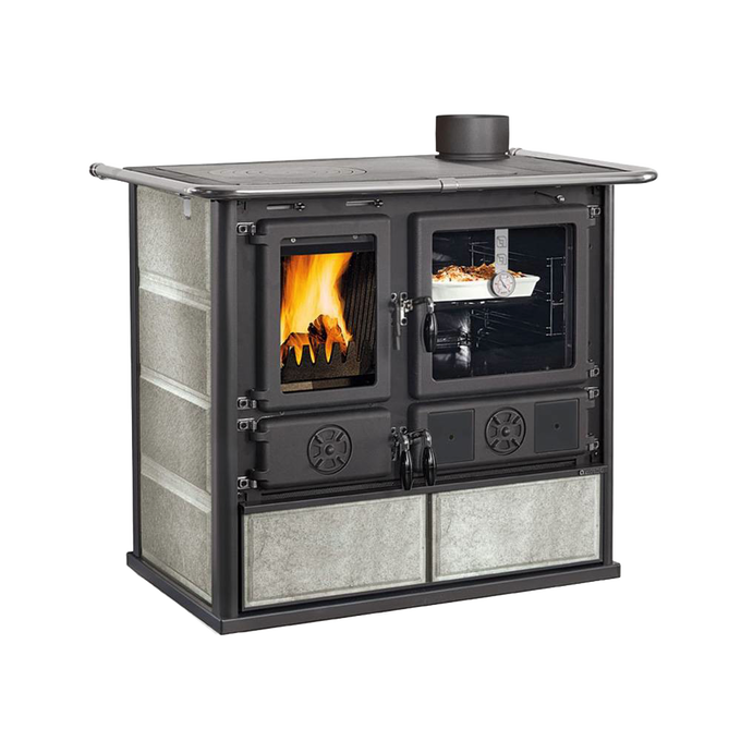 Majolica and natural stone finished wood cook stove featuring a cast iron firebox with panoramic ceramic glass door and porcelain enameled steel oven, ideal for Stoves, Cookstoves, Best Sellers, and All Stoves & Appliances collections.