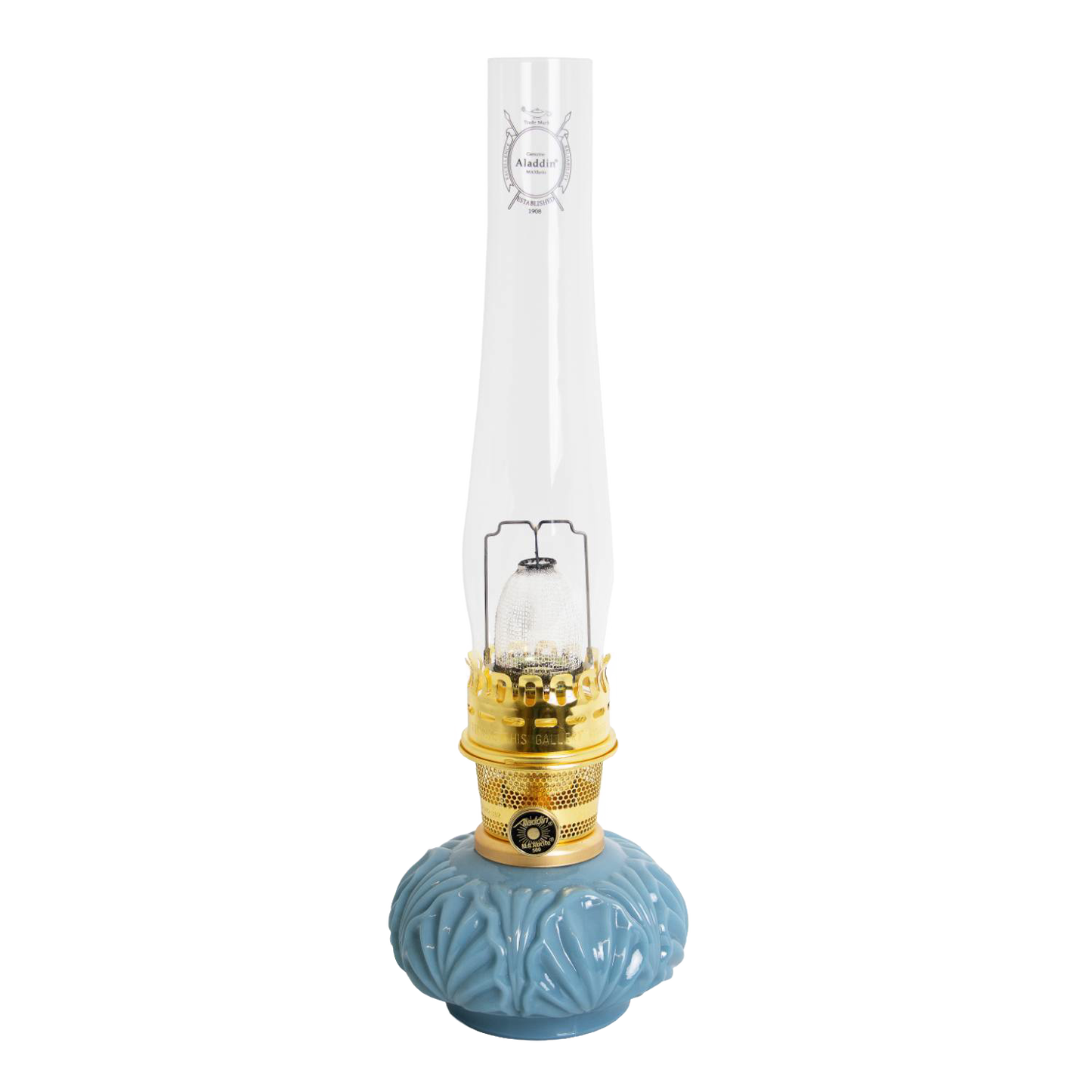 Handcrafted limited edition oil lamp with distinctive blue glass base, brass burner, and tall clear chimney, featured in Lamps & Lighting, Oil Lamps, Table Lamps, Best Sellers, and Promo Eligible collections.
