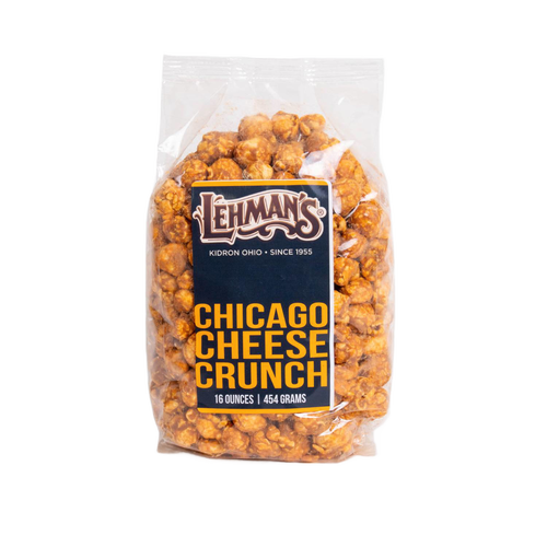 Clear bag of handcrafted caramel popcorn with a savory cheese flavor, labeled Lehman's Chicago Cheese Crunch, part of Kitchen & Food, Snacks and Sweets, USA Made, and Best Sellers collections.