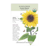 Packet of organic Lemon Queen sunflower seeds featuring a detailed illustration of a sunflower with bees, labeled USDA Organic, part of Farm, Garden & Tool, Seeds and Planting, Best Sellers, and Promo Eligible collections.