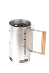 Aluminized steel charcoal starter with wooden handle for safely igniting briquets, handcrafted for quick use in farm, garden, camping, and outdoor tool collections.