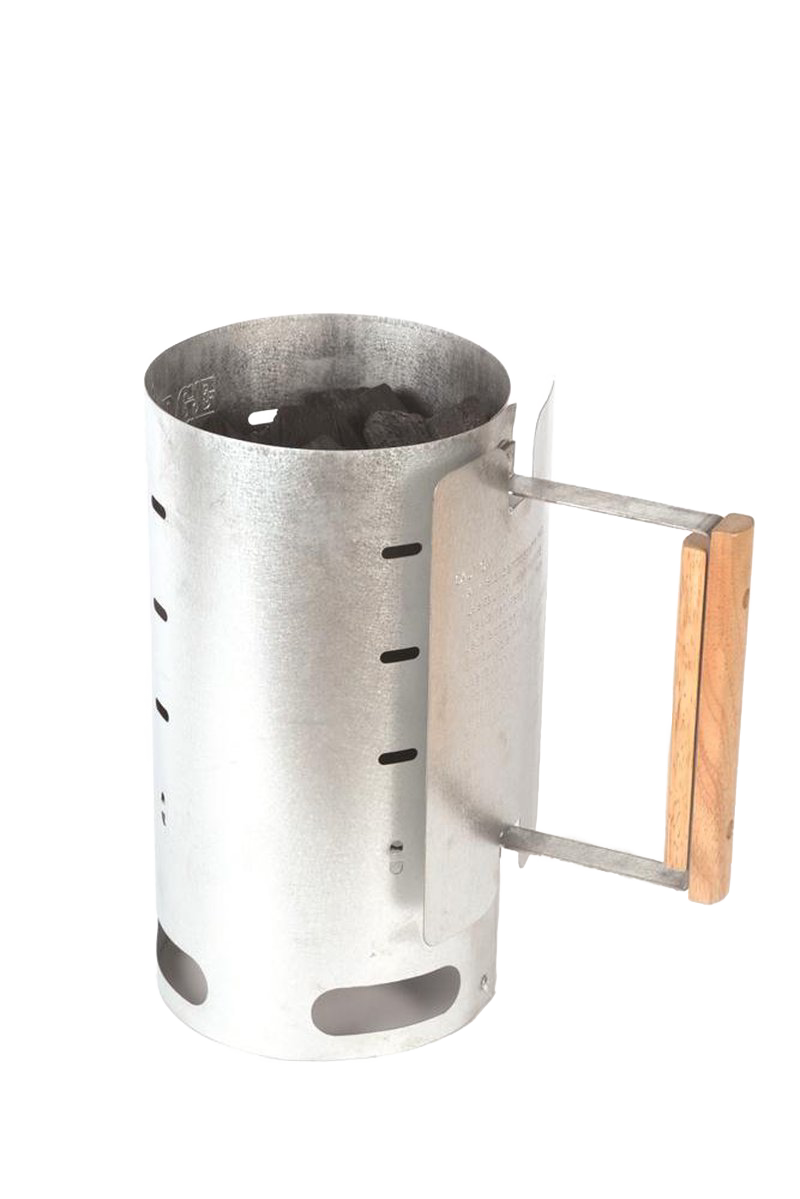 Aluminized steel charcoal starter with wooden handle for safely igniting briquets, handcrafted for quick use in farm, garden, camping, and outdoor tool collections.