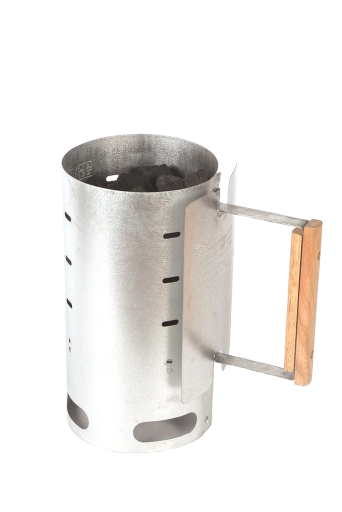 Aluminized steel charcoal starter with wooden handle for safely igniting briquets, handcrafted for quick use in farm, garden, camping, and outdoor tool collections.